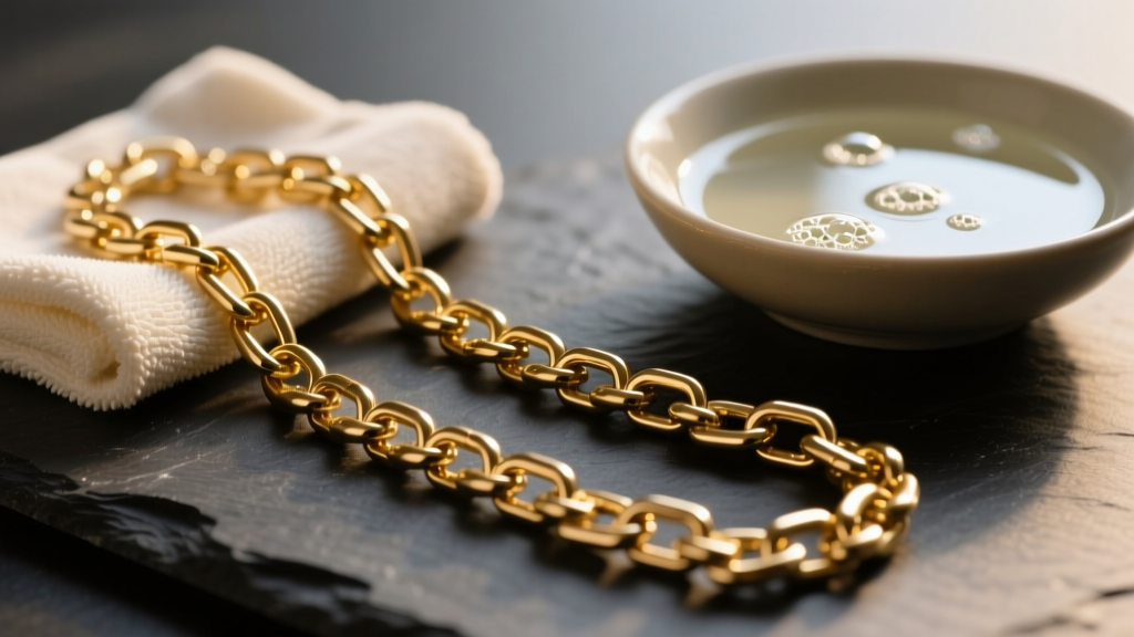 Long gold chain on dark slate beside a microfiber cloth and bowl of mild soapy water under soft warm studio lighting