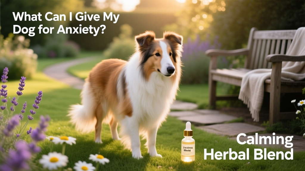 a collie gently sniffing a calming herbal pipette in a peaceful garden setting