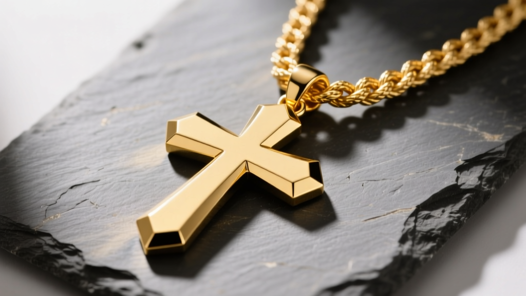 Heavy gold large cross pendant necklace on slate, showing beveled edges and thick rope chain under warm directional studio light