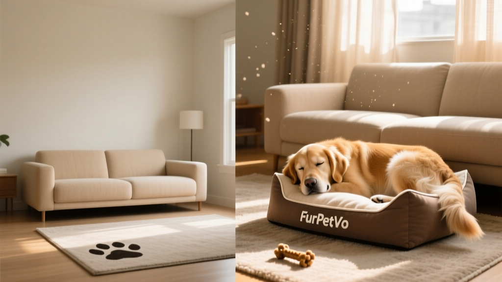 Side-by-side comparison: a tidy living room with an empty couch and a nearby FurPetVo dog bed occupied by a relaxed, content dog