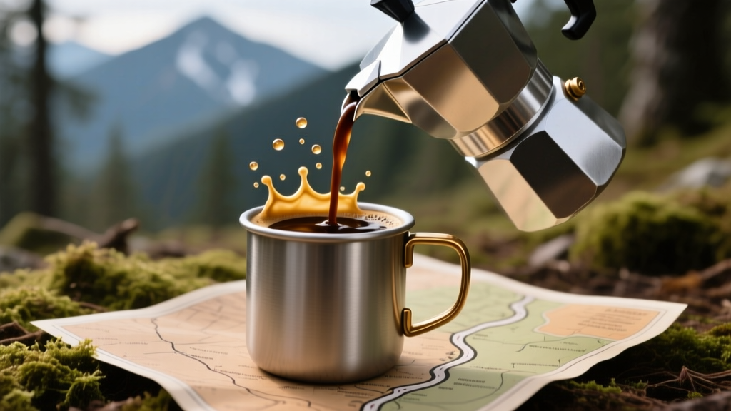 Close-up of a titanium portable espresso maker extracting a rich, crema-topped shot into a double-walled camping mug beside a trail map.