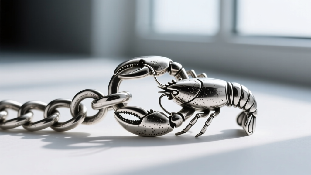 Macro photography of a 925 sterling silver lobster clasp connecting to a heavy charm bail showing minor oxidation in crevices