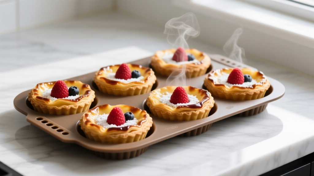 Golden brown fruit tarts effortlessly popping out of a flexible, heat-resistant silicone air fryer mold tray on a marble countertop.