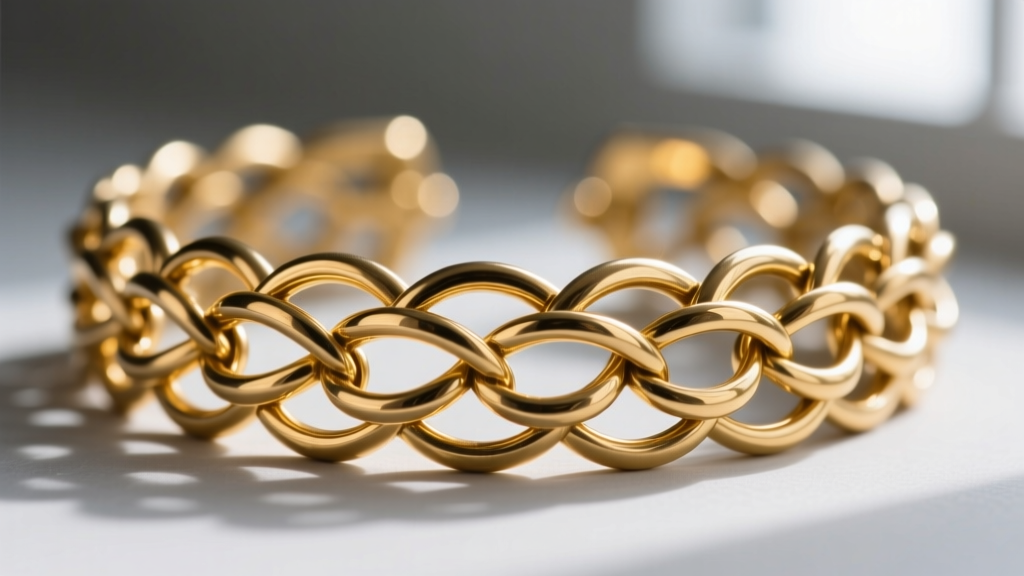Macro shot of interlocking gold-plated brass rings forming the flexible Dresden mesh weave of a vintage Whiting Davis collar