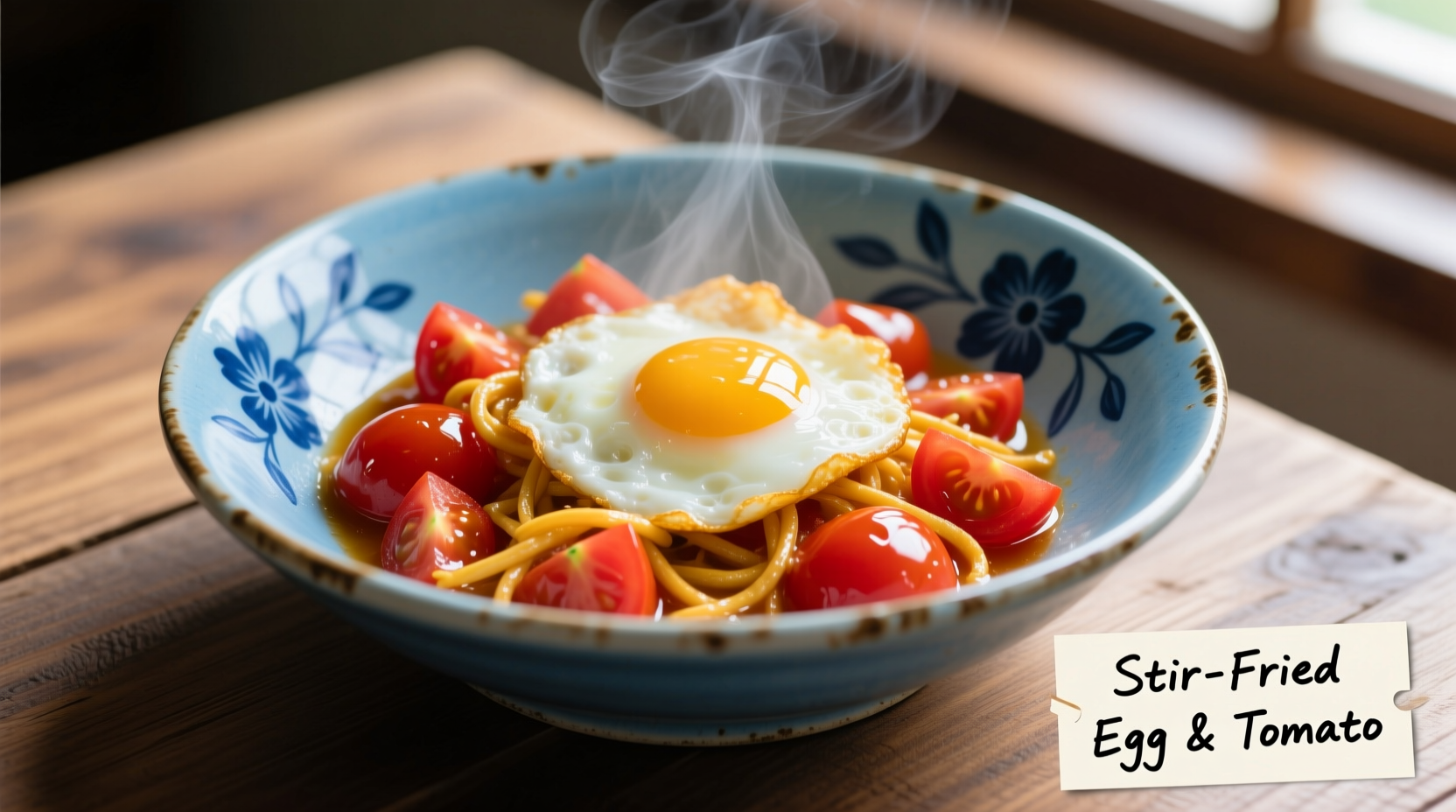 Perfect stir fry egg and tomato in blue ceramic bowl