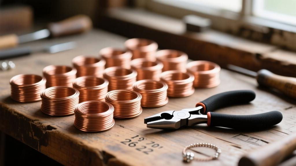 Macro shot of copper wire gauges from 16 to 28 coiled neatly next to nylon-jaw jewelry pliers on a rustic wooden jeweler workbench