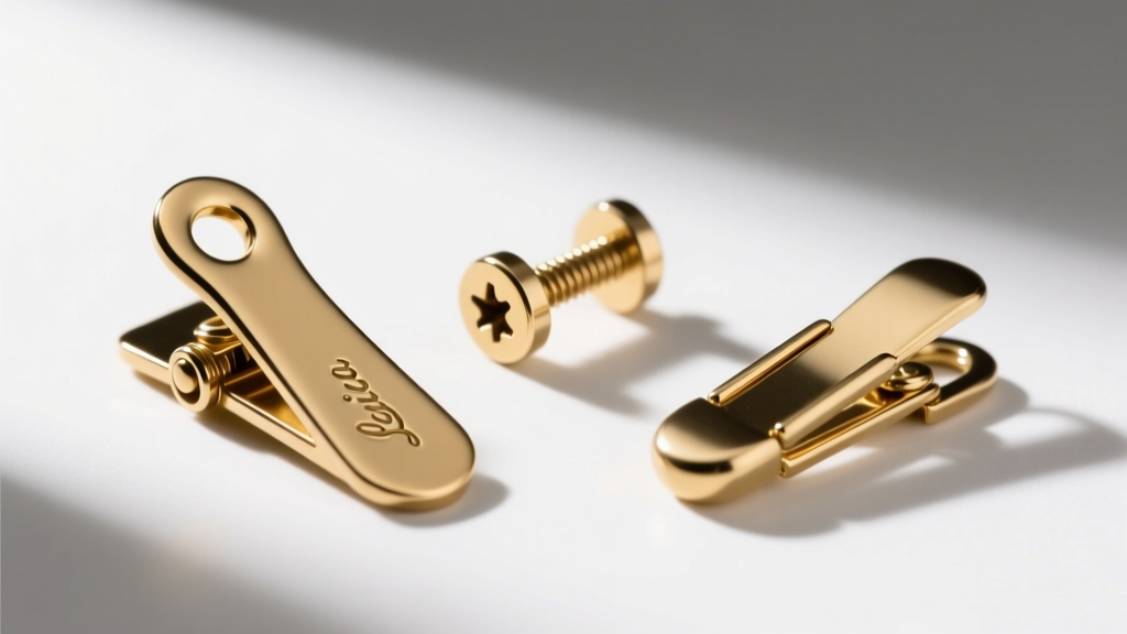 Macro shot of three earring converters: a brass paddle clip, a screw-back mechanism, and a magnetic clasp on a white surface