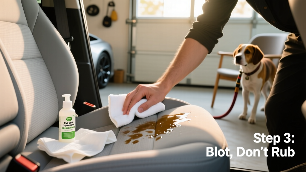 Person blotting wet spot on car seat with white towel