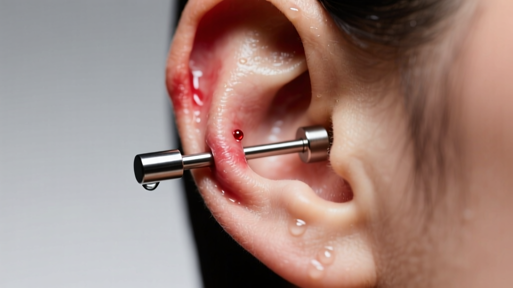 Close-up of a swollen earlobe piercing next to a polished ASTM F136 titanium labret stud, illuminated by soft clinical lighting.