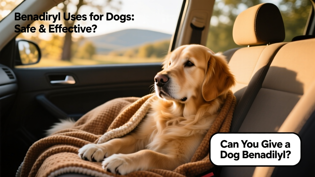A calm, relaxed dog resting comfortably on a car seat with a travel blanket