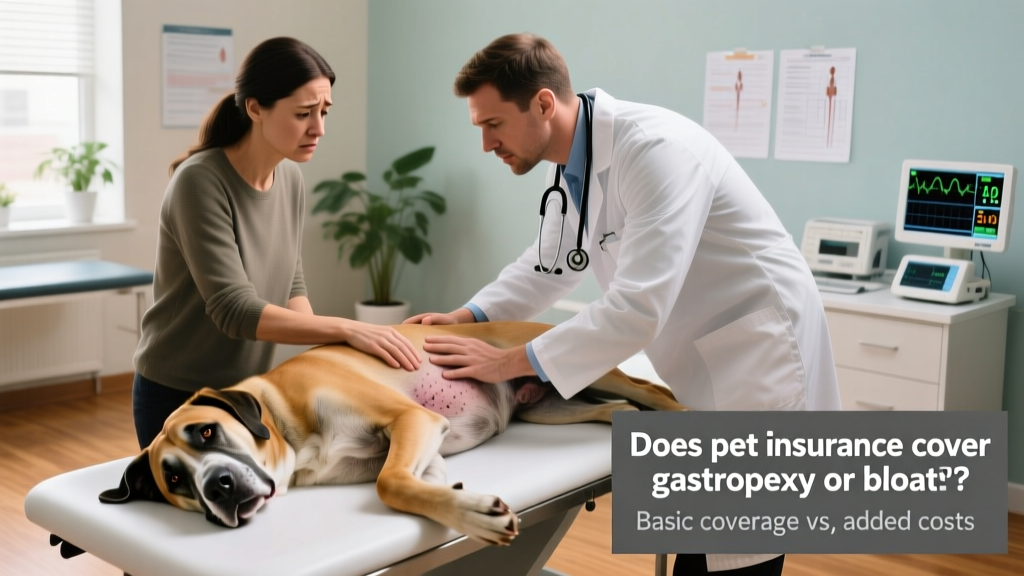 A concerned dog owner gently placing a hand on their large-breed dog's abdomen, with a vet examining the dog nearby