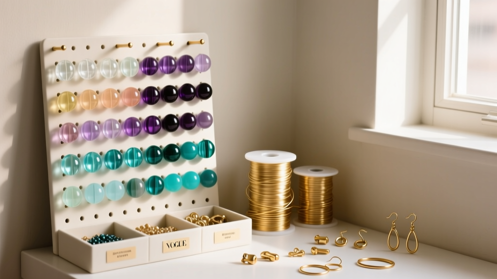 Pegboard displaying sorted glass beads, gold-filled wire spools, and brass findings in a small, well-lit home studio corner