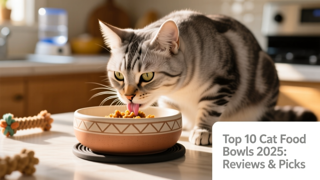 Close-up of a cat eating comfortably from a shallow, wide ceramic bowl with a non-slip base
