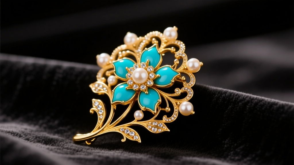 Macro shot of a Victorian gold floral brooch with seed pearls and turquoise on dark velvet under warm studio lighting.