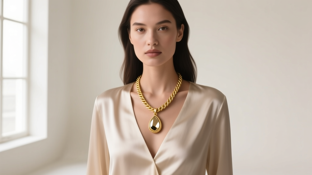 Model wearing a 24-inch gold rope chain with a 30mm teardrop pendant over a deep V-neck silk blouse in soft studio lighting.