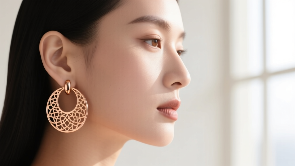 Side profile of a woman wearing delicate 18k rose gold filigree huggies, highlighting the openwork lace pattern on the earlobe