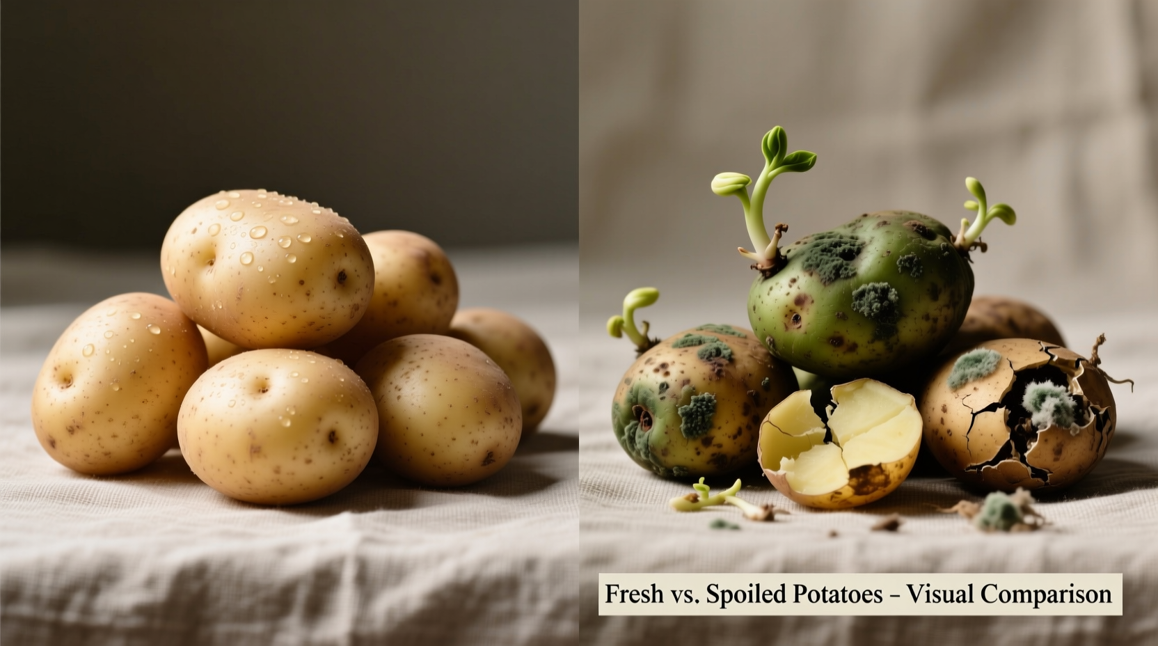 Fresh potatoes versus spoiled potatoes comparison