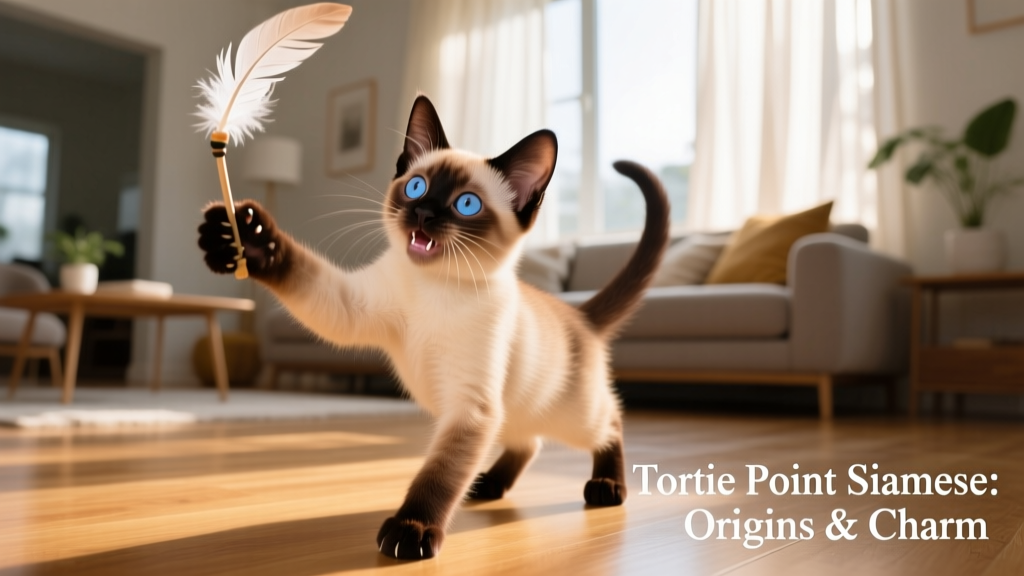 A playful Tortie Point Siamese kitten batting at a feather wand toy, showcasing its expressive face and contrasting point colors against a sunlit living room floor
