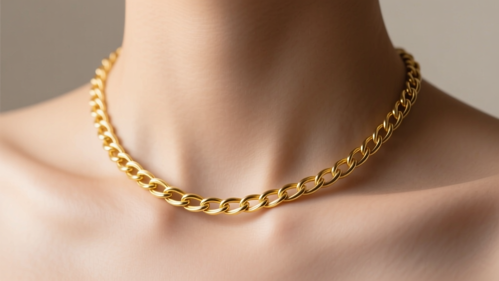 Delicate 14k yellow gold cable chain necklace resting on a collarbone, soft studio lighting highlighting the polished metal links.