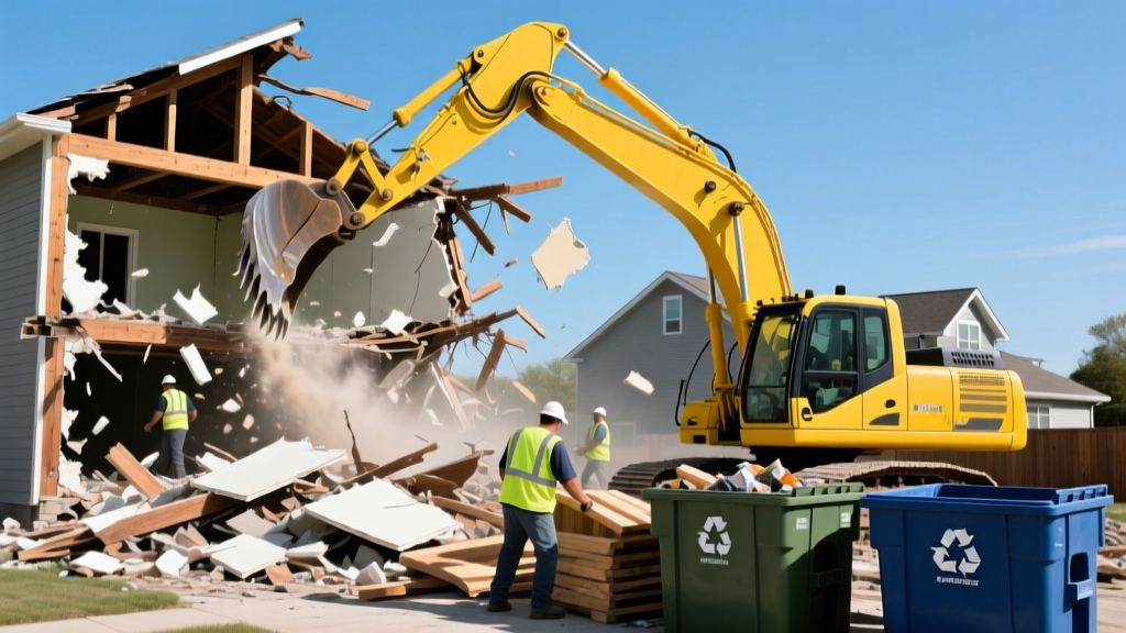 Yellow excavator with hydraulic shear tearing down a wood-frame house while workers sort debris into separate recycling dumpsters on site