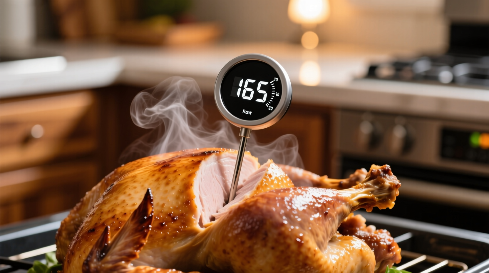 Oven thermometer showing 165 degrees in cooked turkey breast