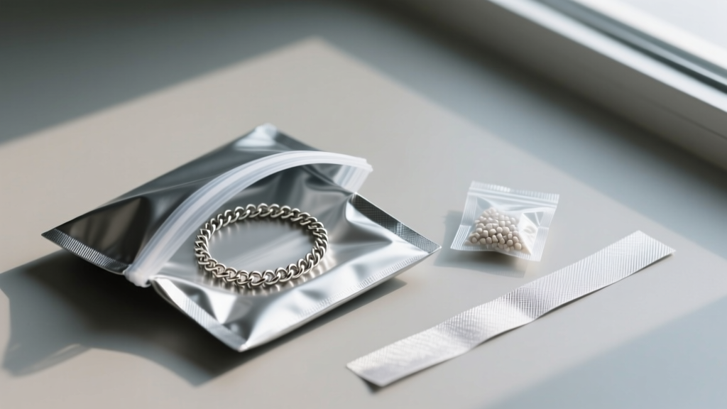 An open anti-tarnish ziplock bag containing a coiled charm necklace, a silica gel packet, and a treated silver polishing strip.