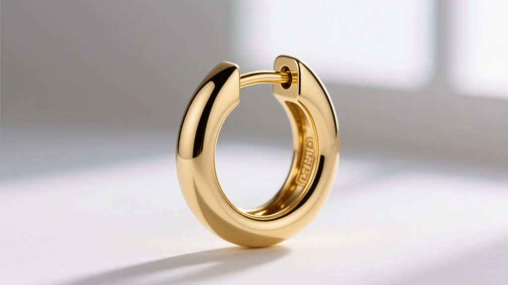 Macro photo of an 18k solid gold huggie earring with a clicker closure, showing a seamless hinge and highly polished metal finish
