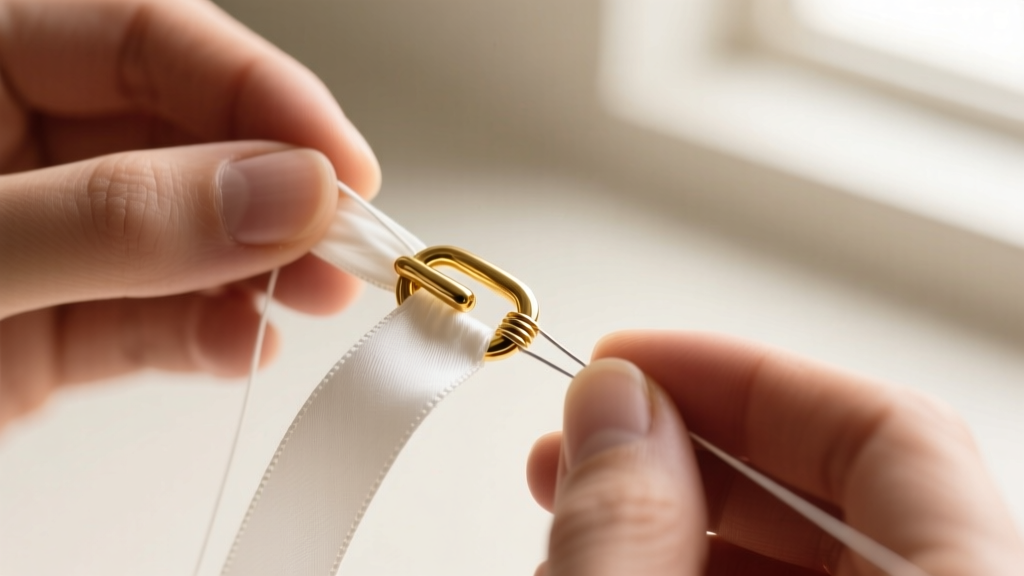 Macro shot of a jeweler threading white silk through a 14k gold push-pull clasp, showing the protective coiled French wire gimp.