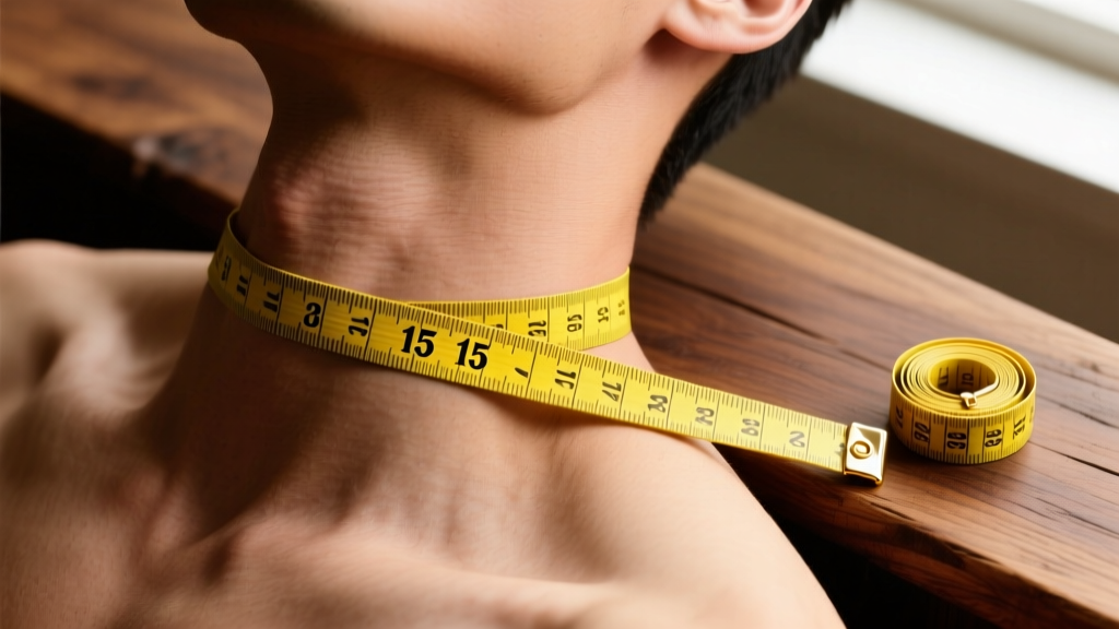 Overhead shot of a yellow measuring tape wrapped around a bare neck showing 15 inches, with a gold jewelry clasp nearby on wood