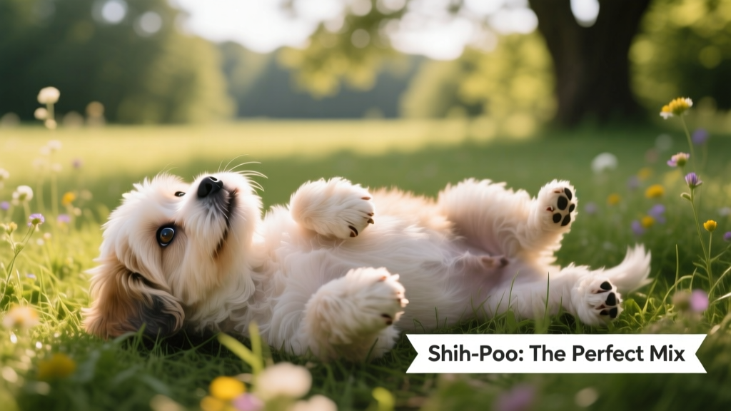 A playful Shih-Poo puppy lying on its back, gazing up with bright, curious eyes