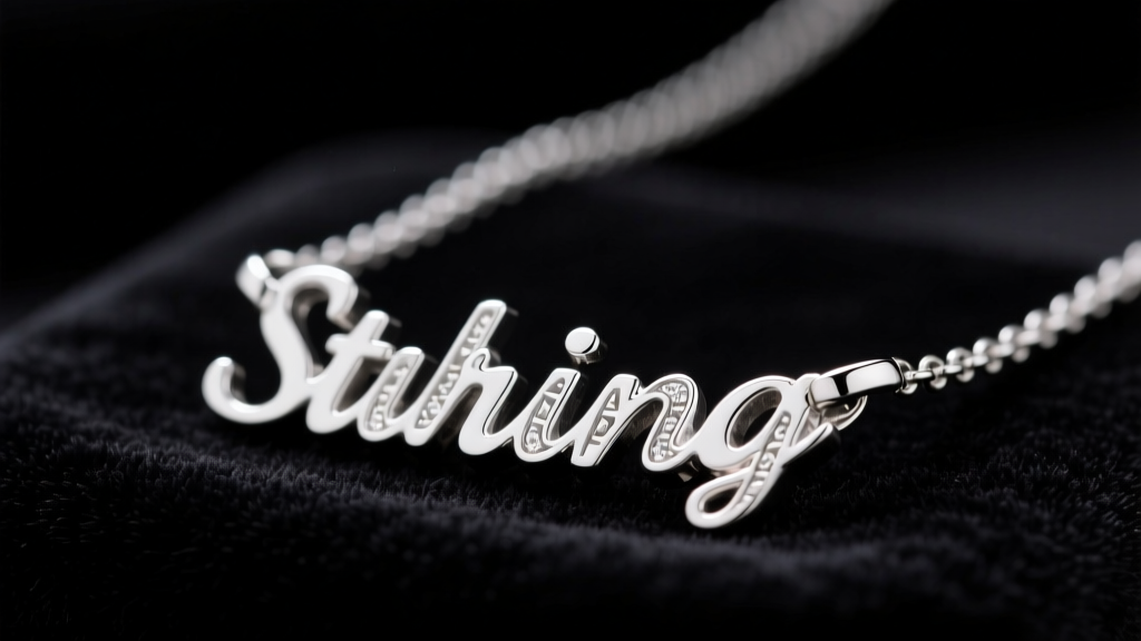 Macro shot of a sterling silver name necklace showing high-polish finish and precise laser typography details against dark velvet.