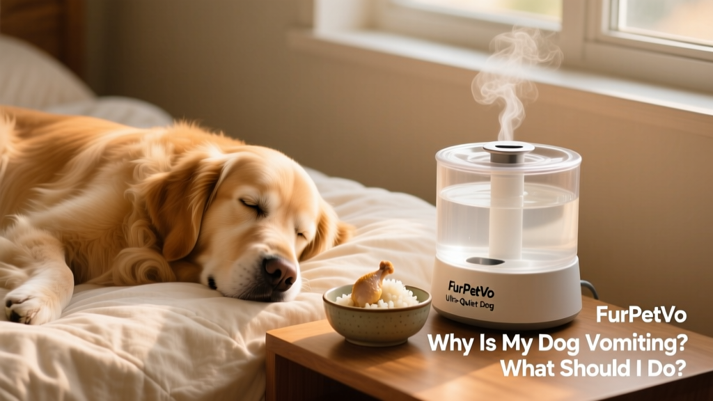 A calm dog resting on a cozy bed beside a FurPetVo Ultra-Quiet Dog Water Fountain and a small bowl of plain boiled chicken and rice