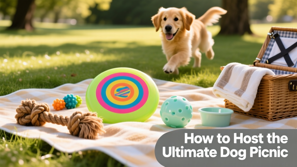 A variety of dog toys arranged on a grassy picnic blanket: a bright frisbee, knotted rope toy, and silicone chew ball