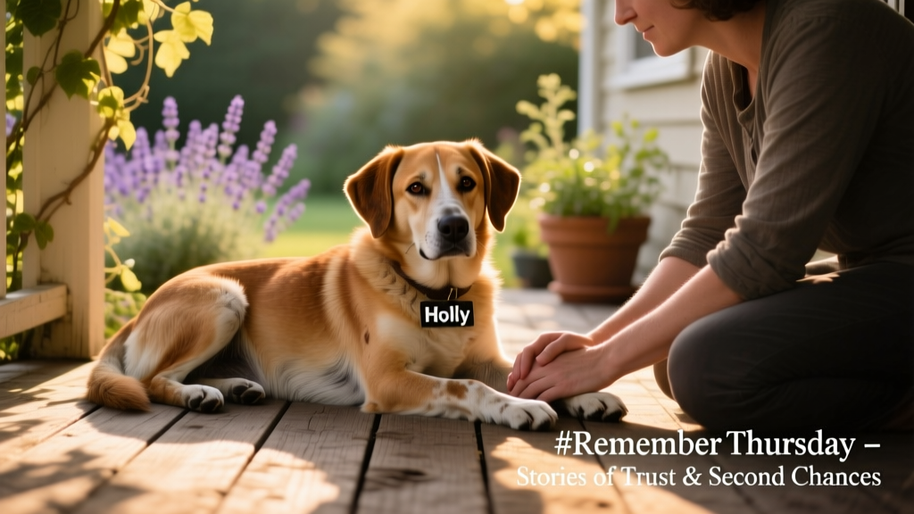 Holly, a gentle rescue dog, resting peacefully beside her adoptive human on a sunlit porch
