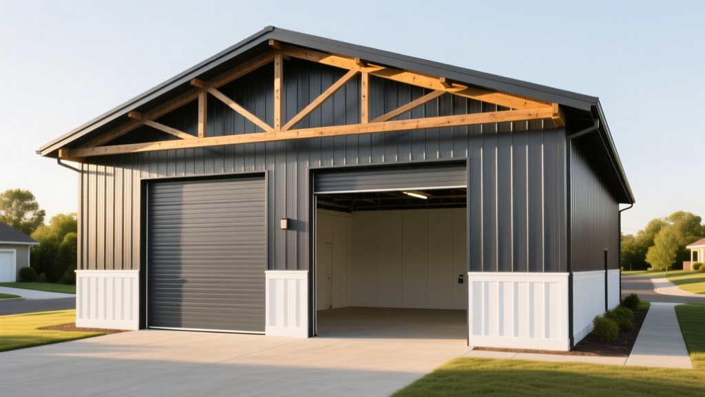Exterior of a 40x60 dark gray metal pole shed with white wainscoting, large roll-up doors, and exposed post-frame trusses