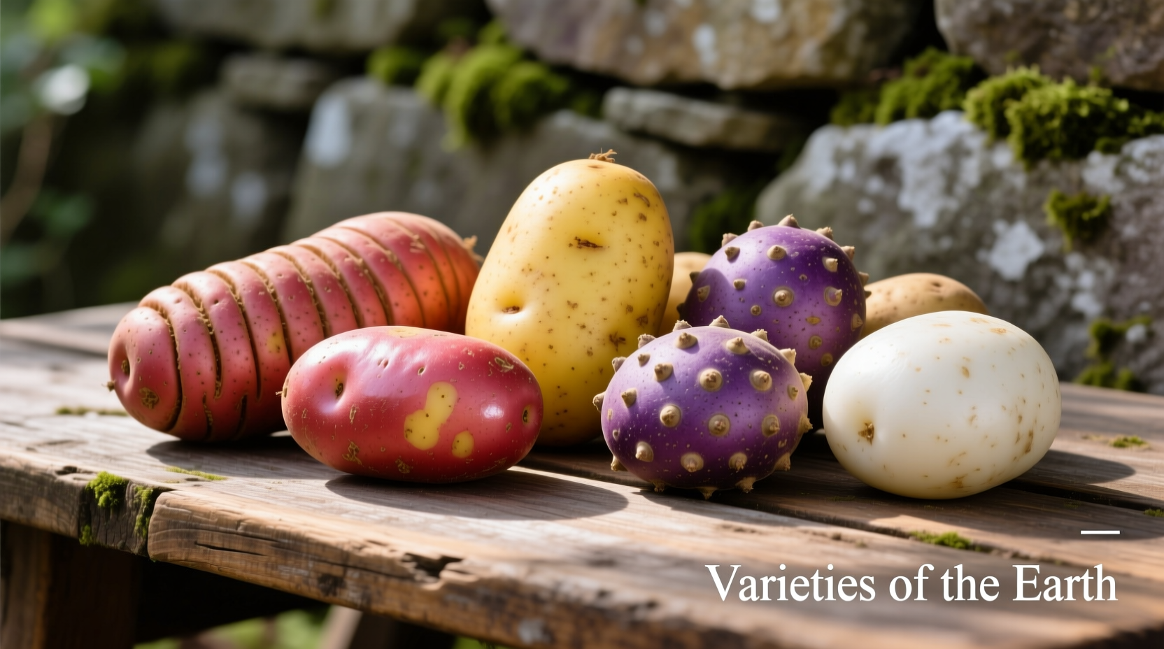 Potato varieties showing different skin colors and shapes