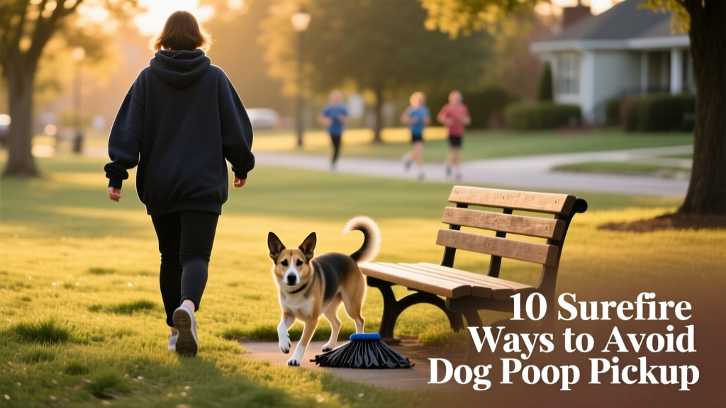 Dog owner in a dark hoodie, back turned to camera, walking away from a dog squatting near a park bench