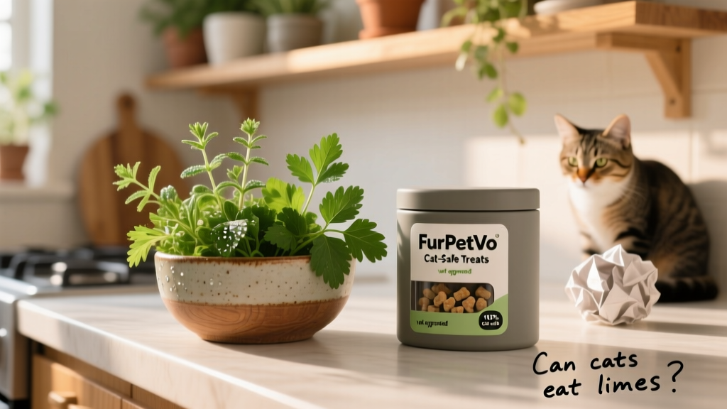 A tidy kitchen counter with a bowl of fresh cat-safe herbs (like catnip and parsley), next to a sealed container labeled 'FurPetVo Cat-Safe Treats'