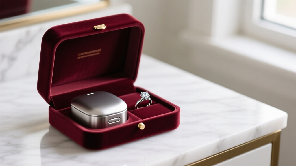Open velvet gift box on marble vanity revealing a sleek steel ultrasonic jewelry cleaner beside a diamond ring in soft light