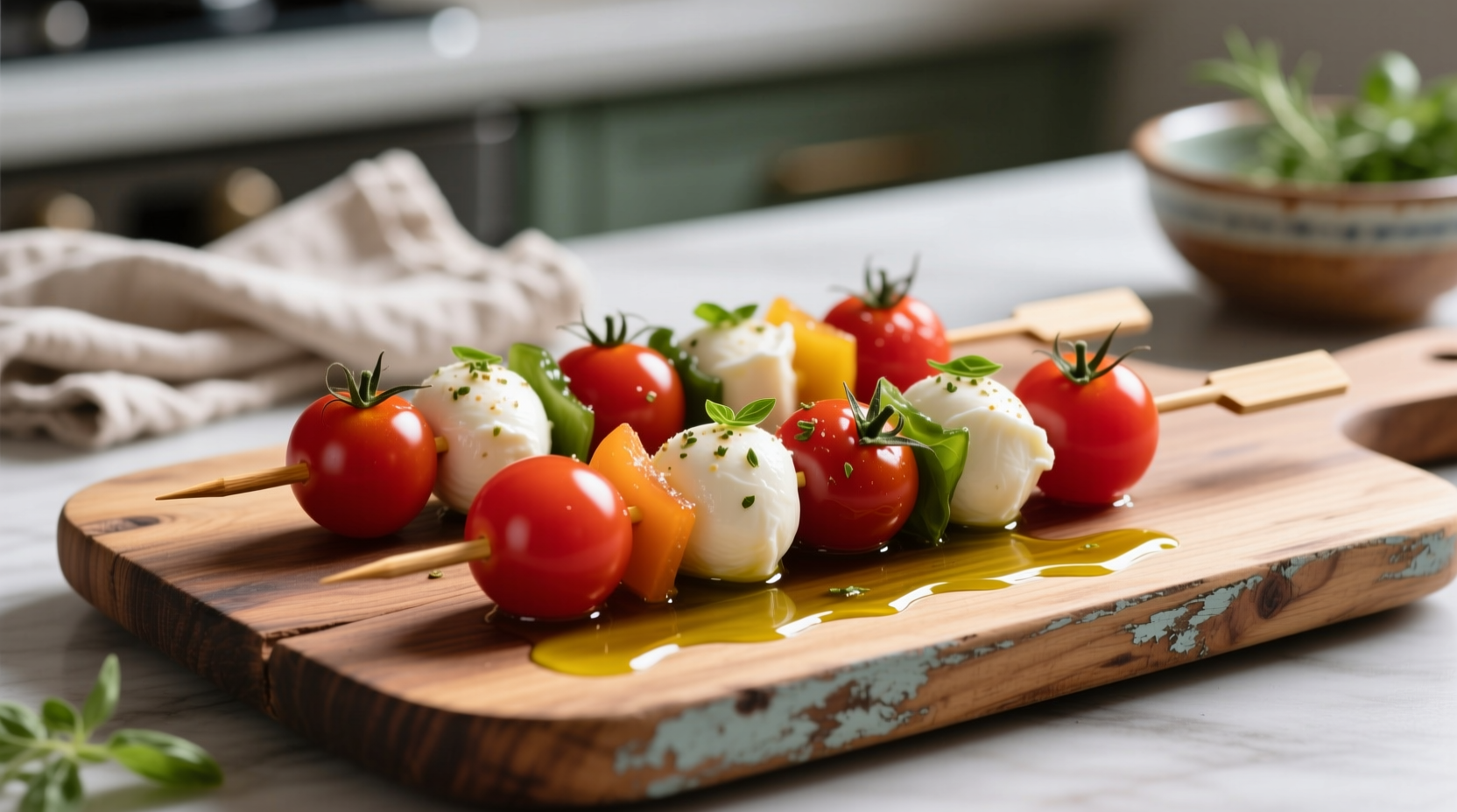 Colorful tomato and mozzarella kabobs on wooden platter