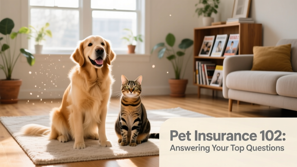 Happy dog and cat sitting side by side on a sunlit living room rug