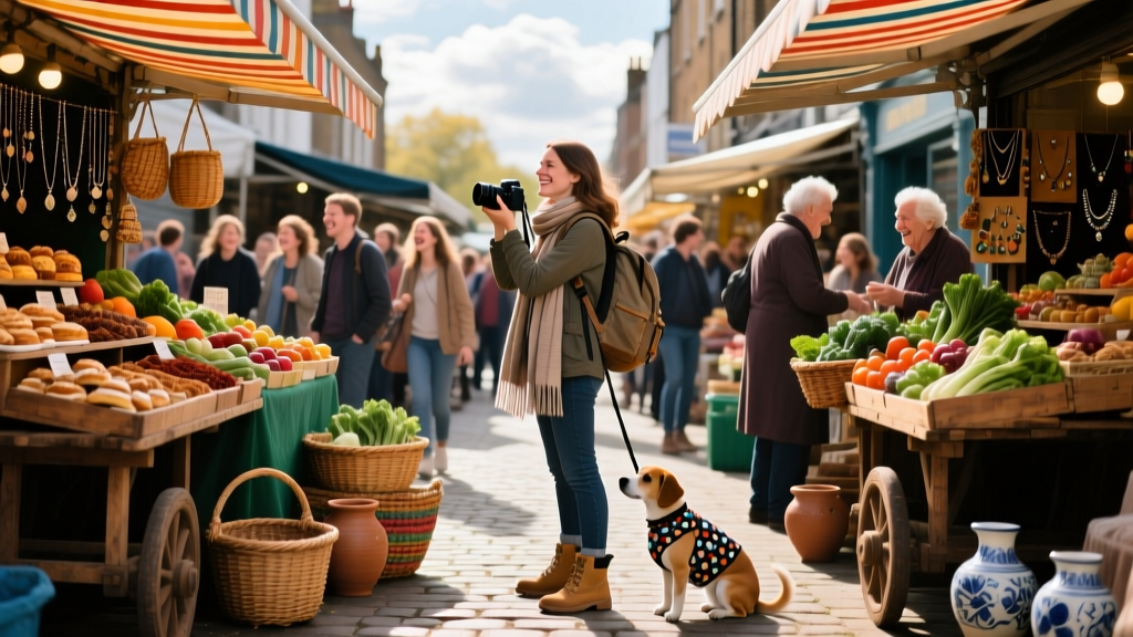 Bustling outdoor market scene with colorful food stalls, handmade crafts, and diverse shoppers