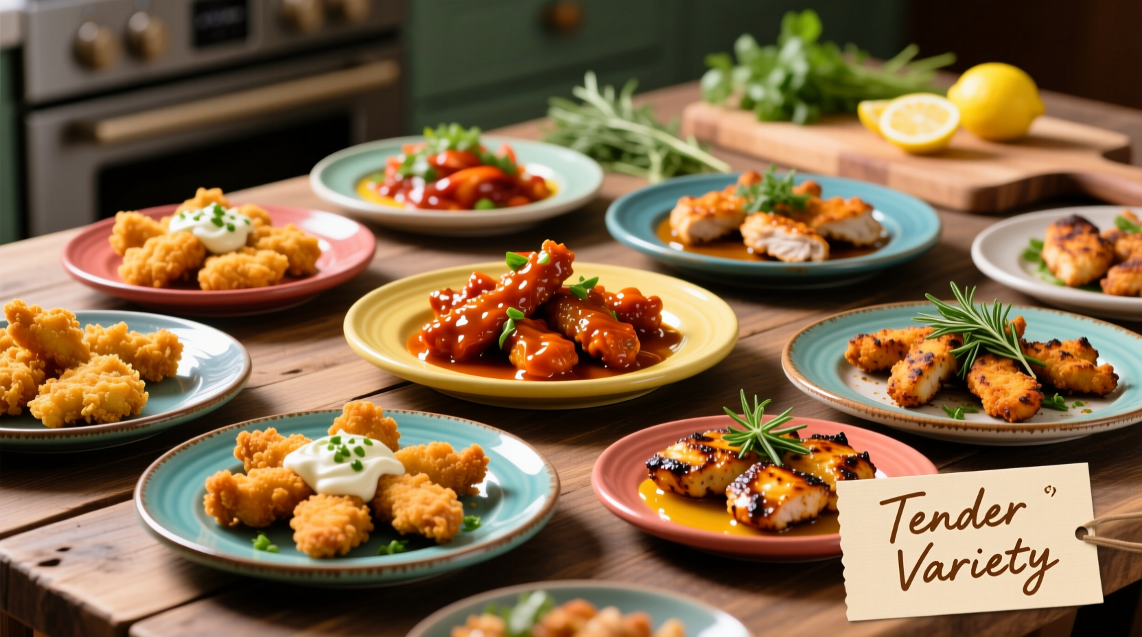 Variety of chicken tender recipes on colorful plates