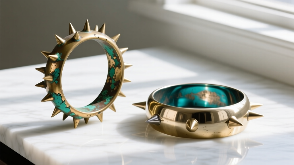 Tarnished brass spiked hoops next to bright titanium spiked hoops on white marble, showing material degradation and color fading.