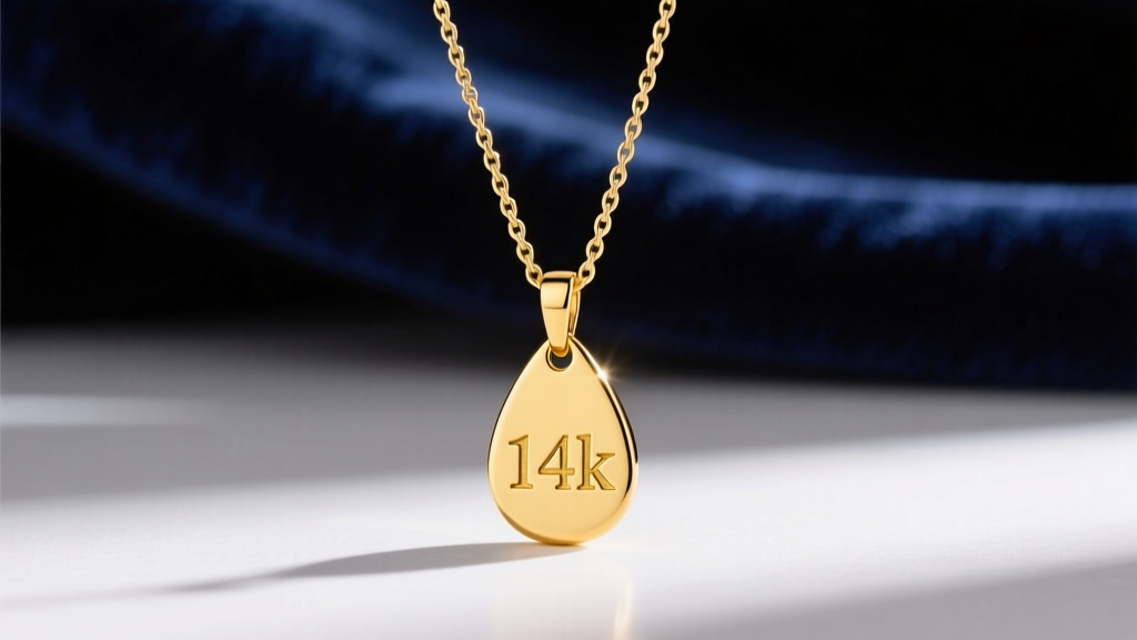 Close-up of a solid 14k yellow gold drop name necklace hanging vertically from a 1.5mm cable chain against a dark velvet backdrop