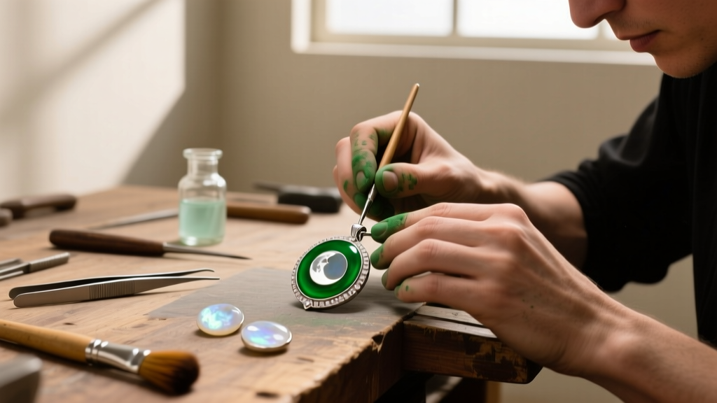 Artisan applying vibrant green plique-à-jour enamel to a silver pendant, with moonstone cabochons on a wooden workbench.