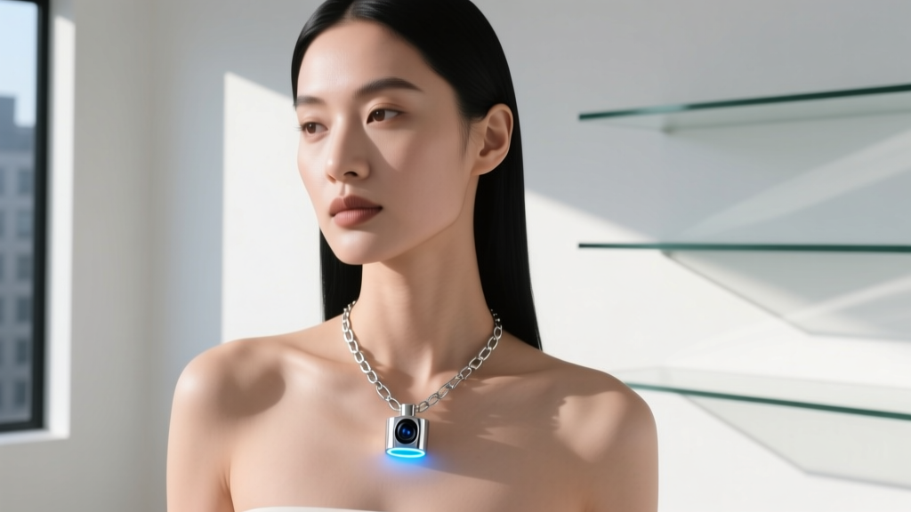 Woman wearing a minimalist silver box chain necklace with a small cylindrical pendant, showcasing the wearable tech camera angle.
