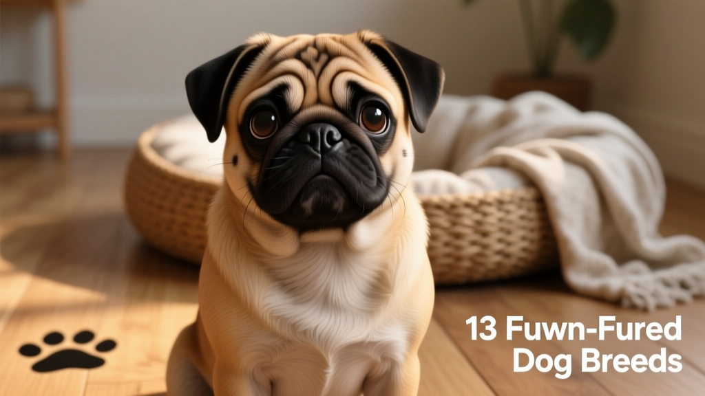 A close-up portrait of a fawn Pug sitting calmly, highlighting its black mask, wrinkled forehead, and expressive eyes