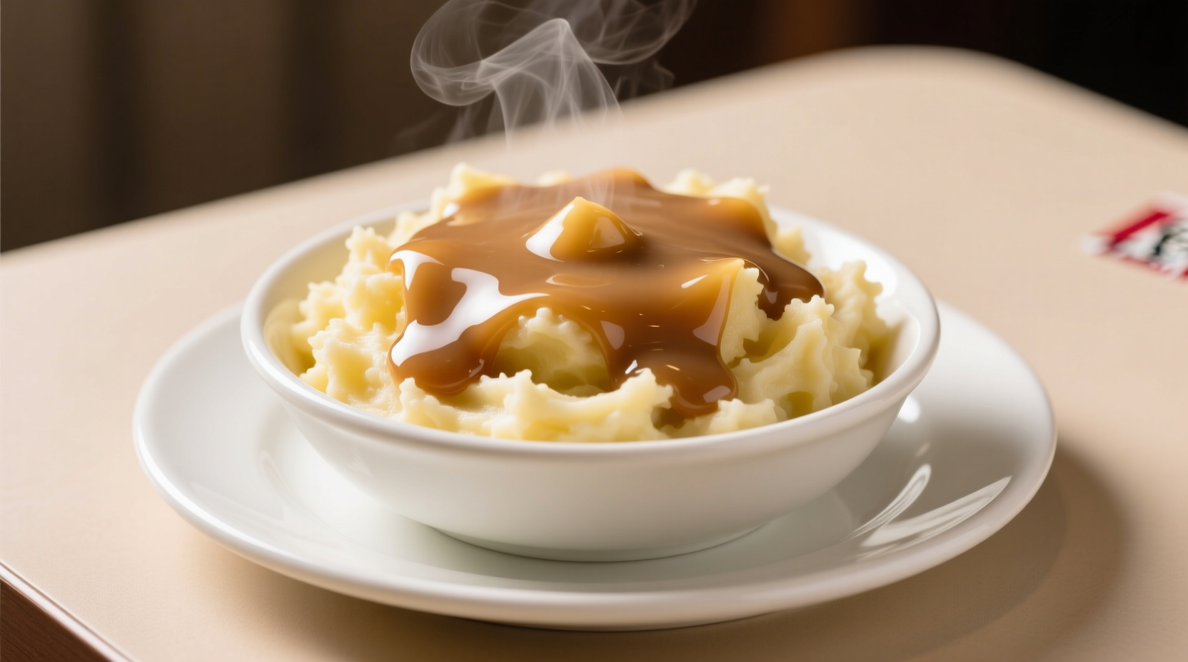 KFC mashed potato bowl with gravy on white plate