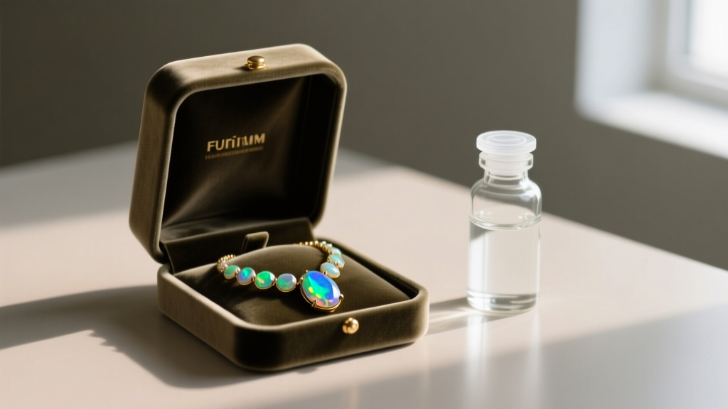 Open velvet box holding an opal crystal necklace, beside a sealed glass vial of water to maintain safe ambient humidity.